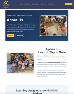 Live Shining Stars Kindergarten About Us page presenting the real school